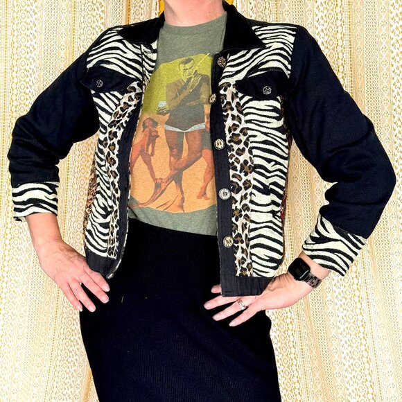 Vintage 90s New Identity Animal Print Patchwork Tapestry Jacket Women's Size M - Picture 1 of 17